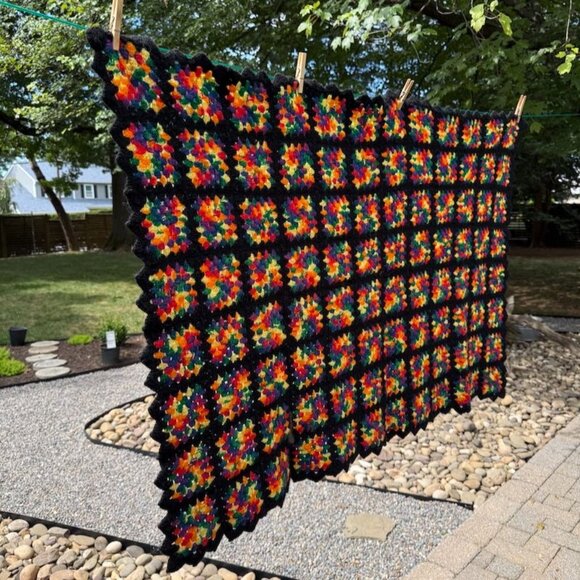Vintage Black Rainbow Granny Square Afghan Throw 53" X 35" Handmade Crochet - Picture 2 of 10